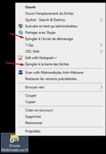 Explorateur windows - épingler raccourci barre des taches écran de démarrage