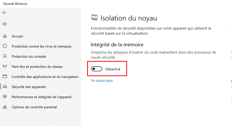 Désactiver la sécurité de Windows Integrity Core Isolation Windows