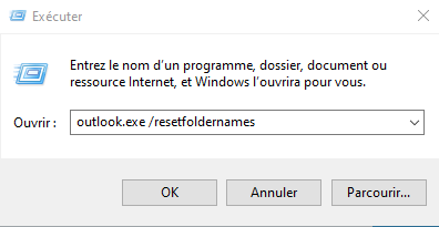 Démarrage d'Outlook avec le commutateur / resetfoldernames