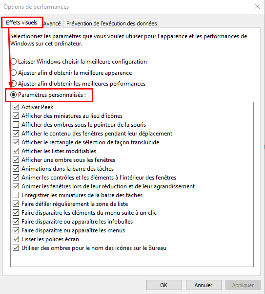 Onglet Effets visuels dans Windows 10