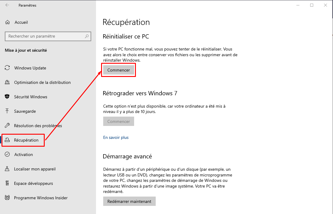 Réinitialiser Windows 10