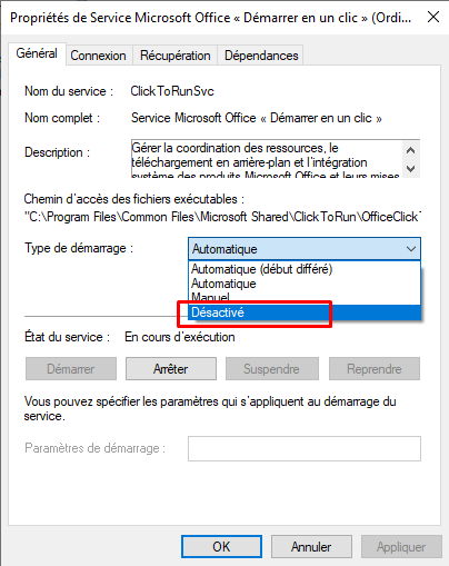 Désactiver le service Microsoft Office ClickToRun