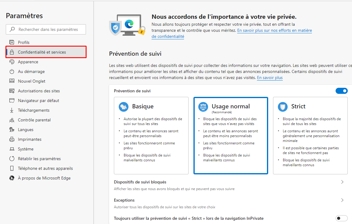 Comment ajouter un site à la liste des exceptions de prévention du suivi dans le navigateur Edge