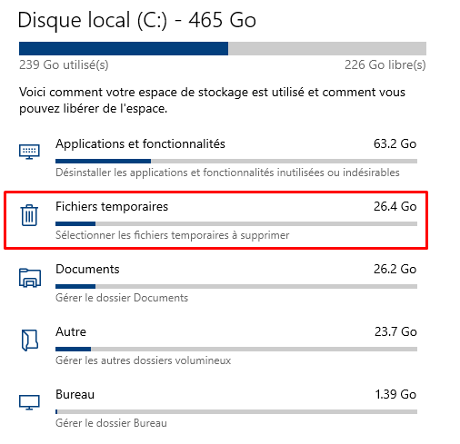 fichiers temporaires sur Windows 10