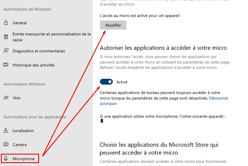 windows 10 - autoriser l'acces au microphone sur cet appareil