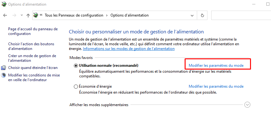 windows 10 - modifier les paramètres du mode