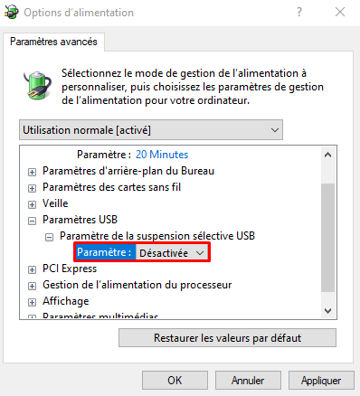 windows 10 - parametre de la suspension selective USB