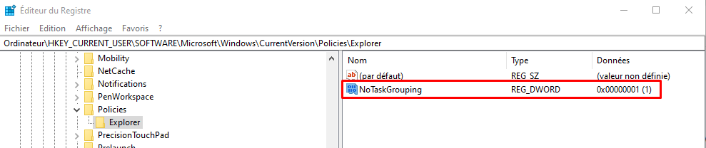 icônes de la barre des tâches de groupe Windows 10 Registry