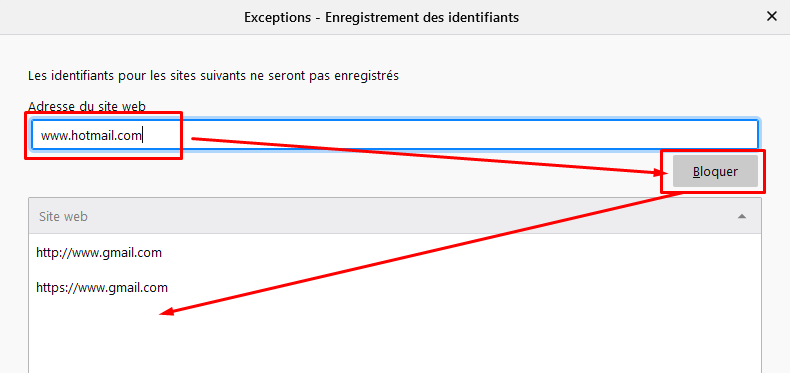 Firefox - enregistrement des identifiants - exceptions