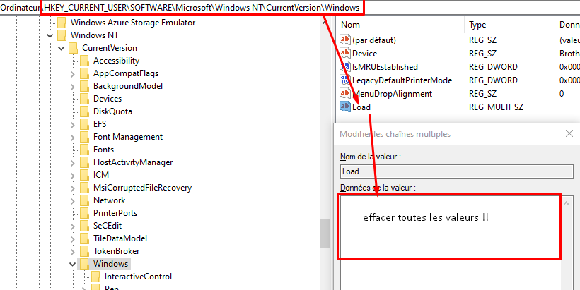 accéder à la clé Windows et ouvrir la valeur de chargement de plusieurs chaînes