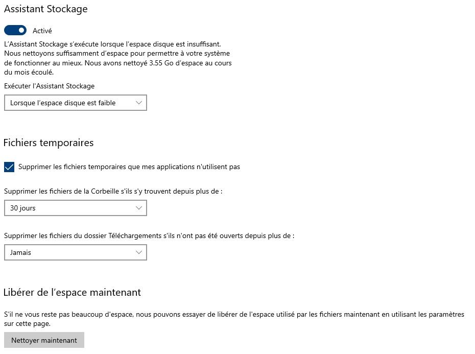 windows 10 - configurer l'assistant de stockage