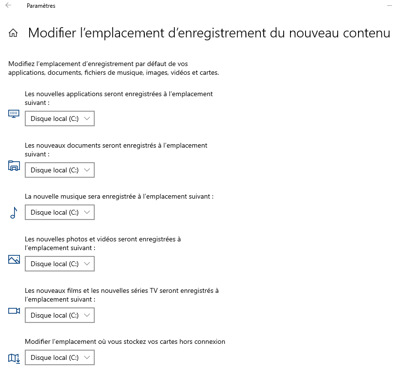 windows 10 - modifier emplacement enregistrement nouveau contenu