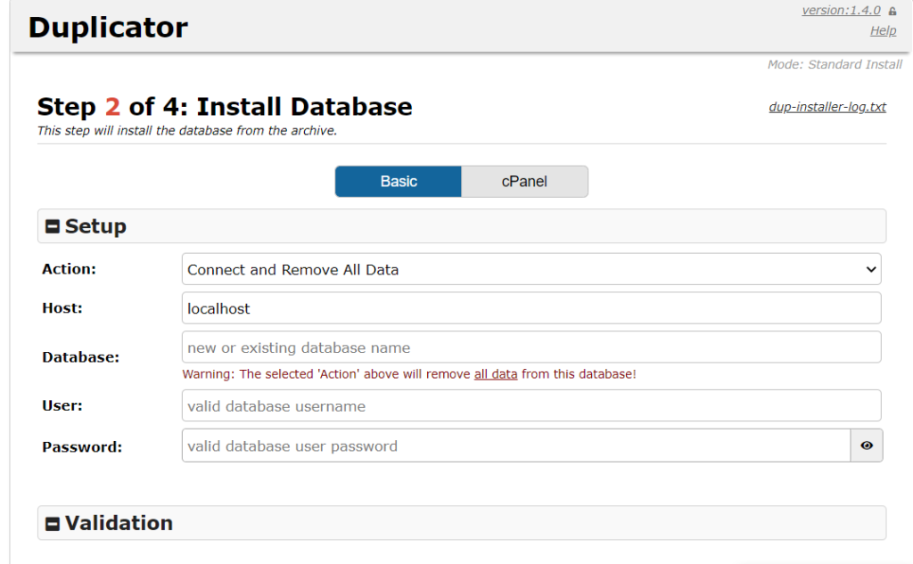 Duplicator - step 2 of 4 install database