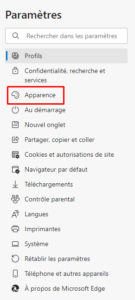 Edge - parametres apparence
