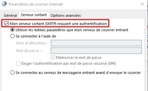 Outlook - serveur sortant SMTP requiert une authentification