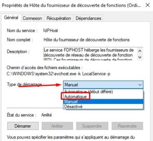 Windows 10 - erreur reseau 0x80070035 type démarrage service