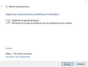 Windows - utilitaire résolution problème matériel et périphériques