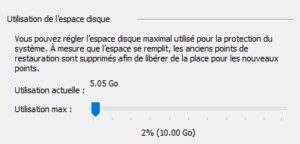 Windows 10 - creer un point de restauration utilisation de l'espace disque