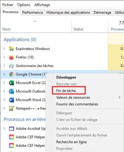 Windows 10 - google chrome fin de tache