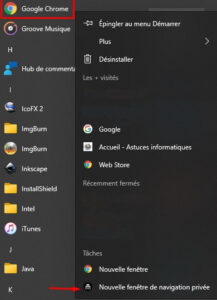 Windows 10 - ouvrir chrome en navigation privee